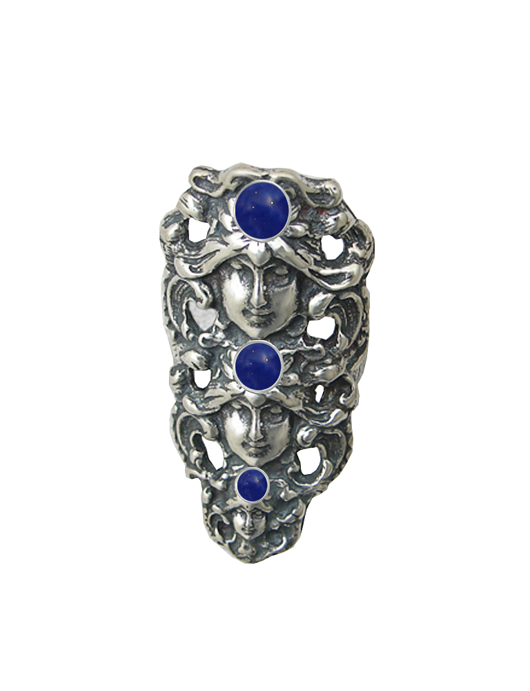 Sterling Silver Triple Goddess Ring With Lapis Lazuli Size 11